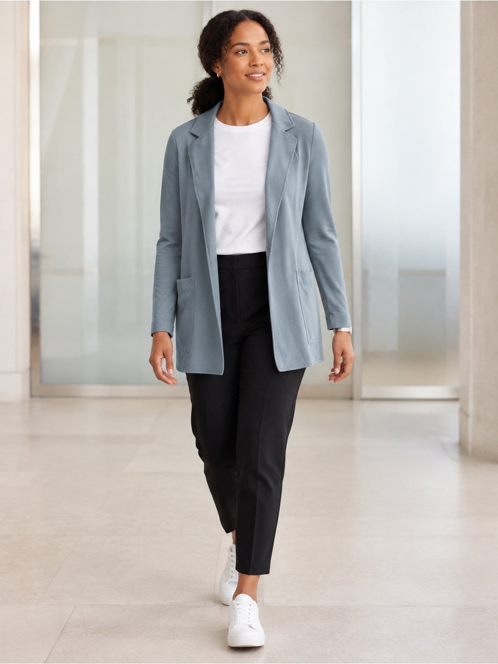 Athleta Women’s 10 Eastbound Blazer Blue Gray Stretch Ponte Open Front Jacket